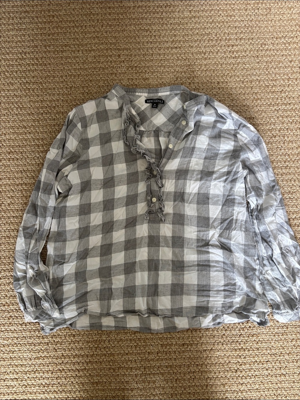 J. Crew Gray & White Checked Ruffle Popover Blouse